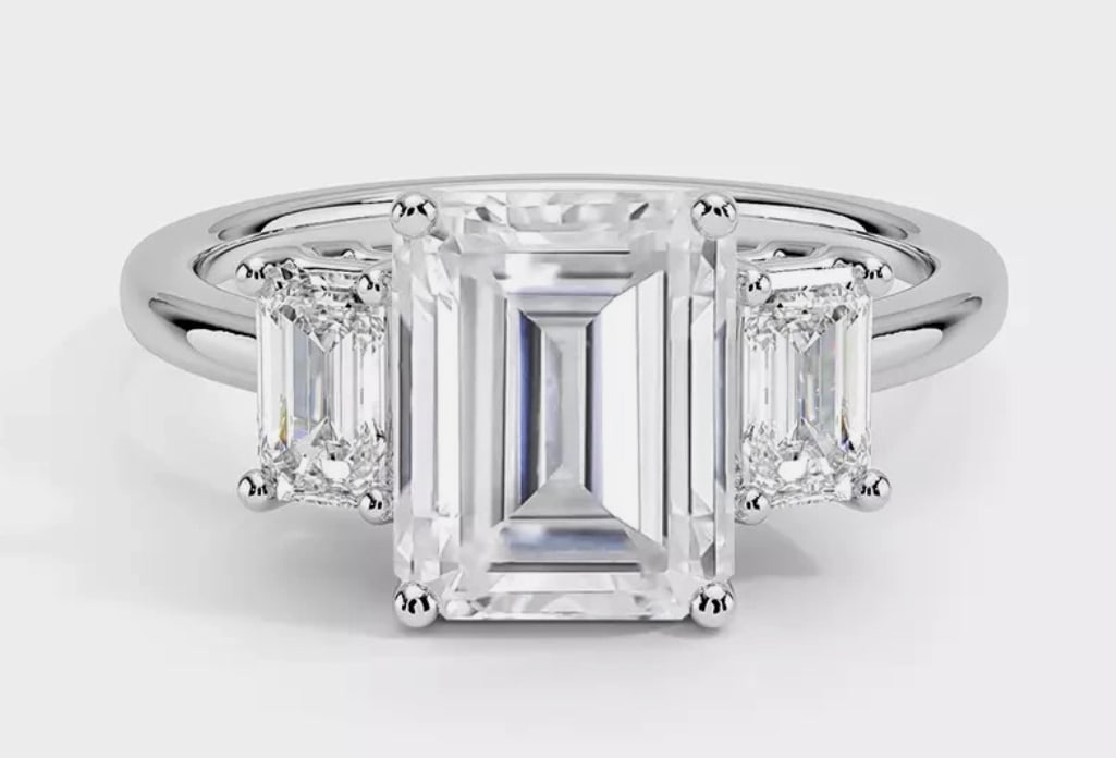 Certified 6 Ct Emerald Cut Lab Grown Diamond D VVS1 Engagement Ring 14KT Solid White Gold: Certified 6 Ct Emerald Cut Lab Grown Diamond D VVS1 Engagement Ring 14KT Solid White Gold - Ring Szie 6 - Side stone 0.60 Ct Lab Grown Diamonds D vs1 - Fancy Cut
