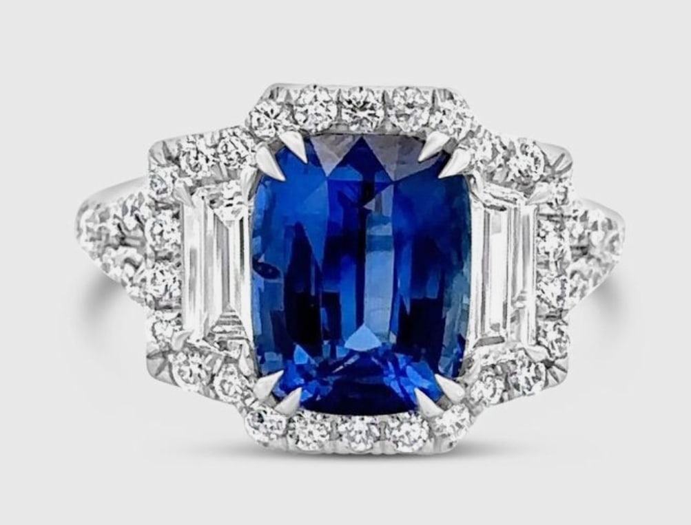 Certified 8.5 Ct -Long Cushion Cut Lab Grown Blue Sapphire & Lab Grown Diamond D VVS1 Engagement: Certified 8.5 Ct -Long Cushion Cut Lab Grown Blue Sapphire & Lab Grown Diamond D VVS1 Engagement Ring 14KT Solid White Gold - Ring Size US 7 - Side stone 0.90 Ct Lab Grown Diamonds D vs1 - Fancy Cut