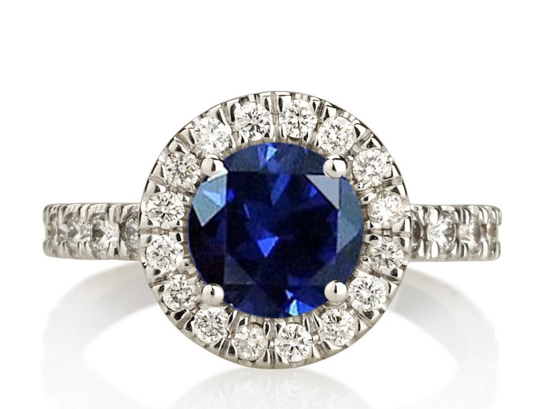 Certified 3 Ct - Round Cut Lab Grown Blue Sapphire & Lab Grown Diamond D VVS1 Engagement Ring 14KT: Certified 3 Ct - Round Cut Lab Grown Blue Sapphire & Lab Grown Diamond D VVS1 Engagement Ring 14KT Solid White Gold - Ring Sze 7 - Side stone 0.65 Ct Lab Grown Diamonds D vs1 - Round Cut