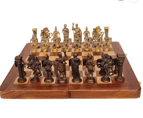 Hand Crafted Roman Brass Chess Set with Wooden Board, 2 Players for kids and adults,Brown: Hand Crafted Roman Brass Chess Set with Wooden Board, 2 Players for kids and adults,BrownBoard (L x W x H): 14 x 14 x 2 inchesMaterial : wood:brassColour : brown:goldRegional specialty : sheesham wood