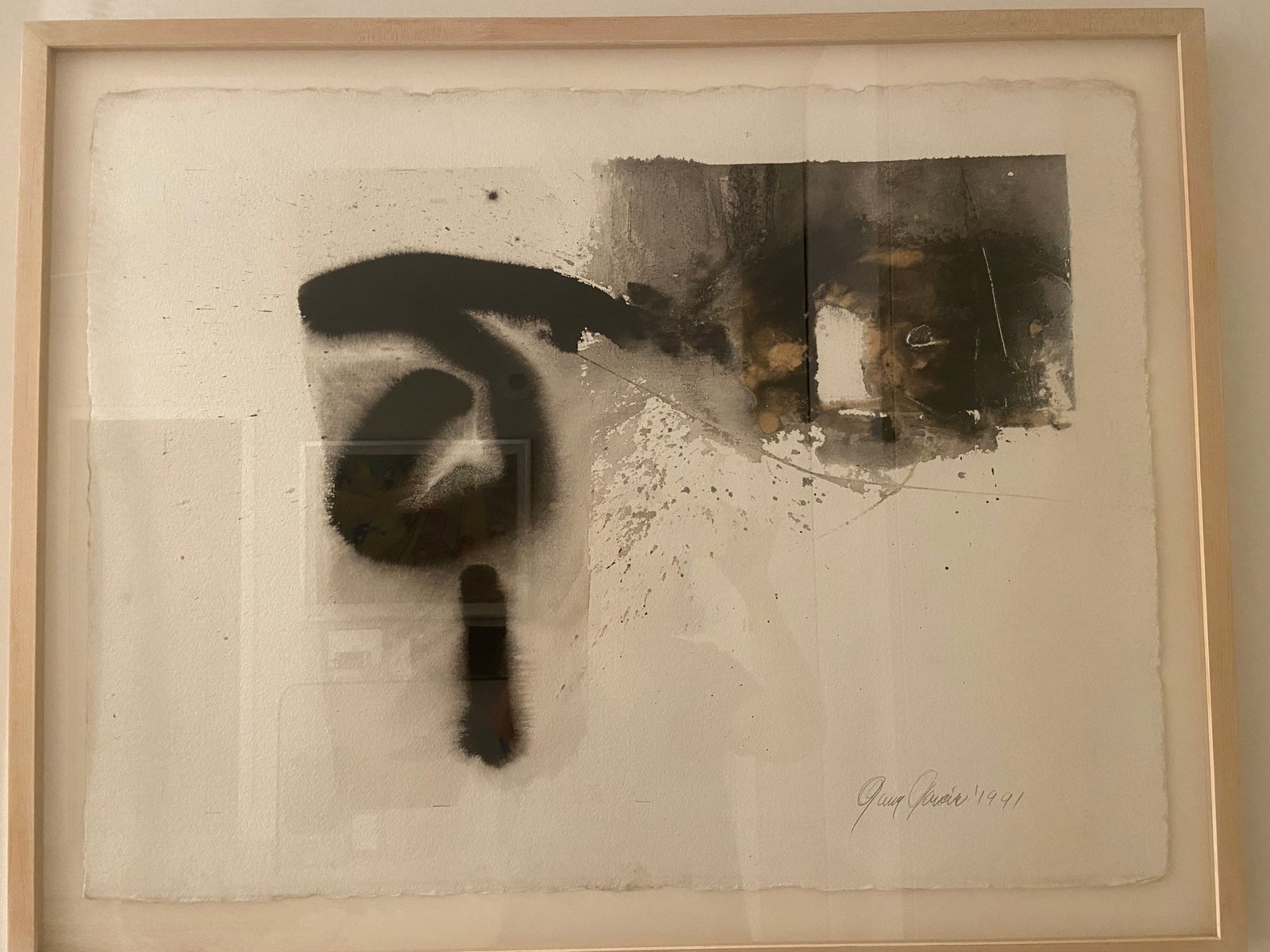 Enrique Gay Garcia, b. Cuba, "Materico #2", 1991,: Mixed media on paper, 27 x 34 inches framed. This painting by a Cuban American artist specializing in sculptures is a contemplative, gestural abstract work that invites slow looking. It’s minimalist