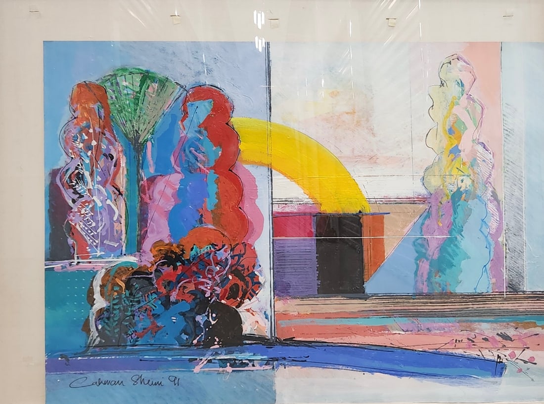 Calman Shemi, b. Argentina, "Visualization", 1991: Acrylic on paper, 48" x 62", framed. This work is from a private collection. Calman Shemi was born in 1939 in Mendoza, Argentina. At age 13, he began studying sculpture and pottery. He graduated from