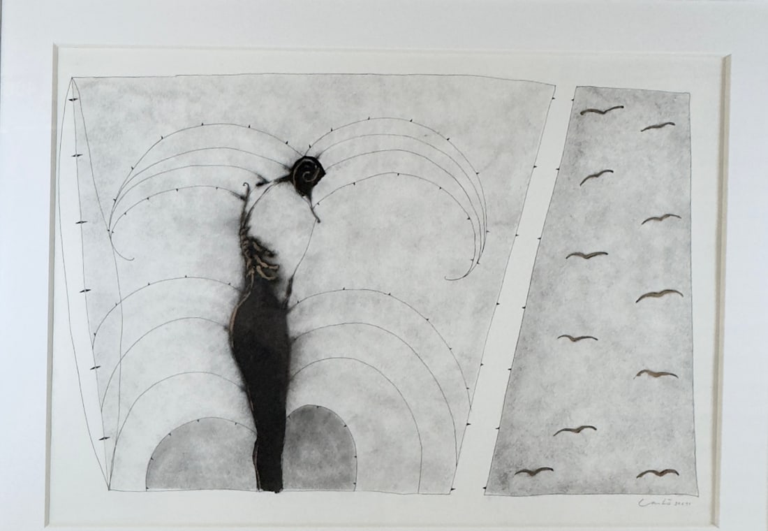 Humberto Castro, b. Cuba, "Vuelo Nocturno" (Nocturnal Flight), 1994: Mixed media on paper, 27 x 39 inches framed. This work by Cuban Artist Humberto Castro blends abstraction, symbolism, and anatomical suggestion to create a deeply introspective mood. It combines