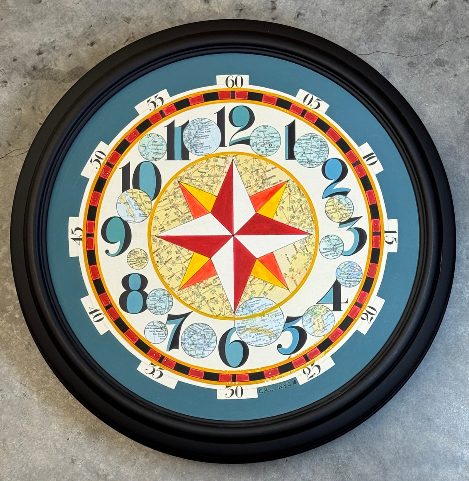 Carlos Rodriguez Cardenas, b. Cuba, "Geographical Time", 2018: Mixed media collage on metal cardboard, 16 inches round. This original work by Cuban Artist Carlos Rodrigurez Cardenas is a great addition to any collection. Carlos Rodríguez Cárdenas studied at La