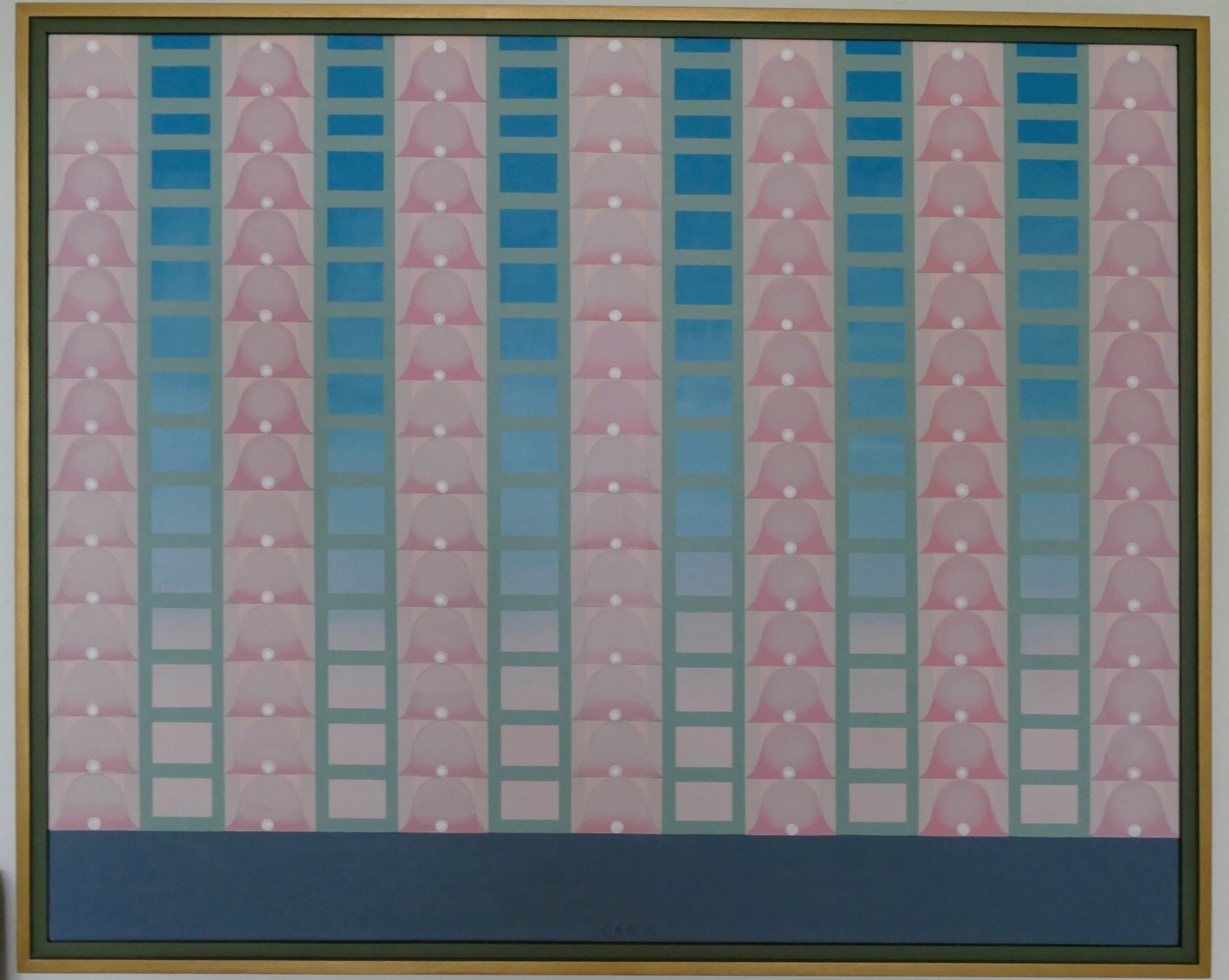 Carlos Rodriguez Cardenas, b. Cuba, "Paradise Building", 2007: Acrylic on Linen, 35 x 43 inches framed. This original work by Cuban Artist Carlos Rodrigurez Cardenas uses geometric repetition and symbolic color to question the tension between individuality and