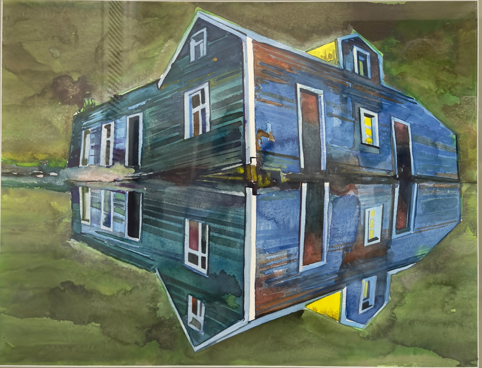 Armando Mariño, b. Cuba, "Untitled", 2008: Watercolor on paper, 22.25 x 29 inches, framed. This original work by Cuban artist Armando Mariño is a lyrical, poetic image of a house, seemingly familiar yet dislocated. It invites viewers to