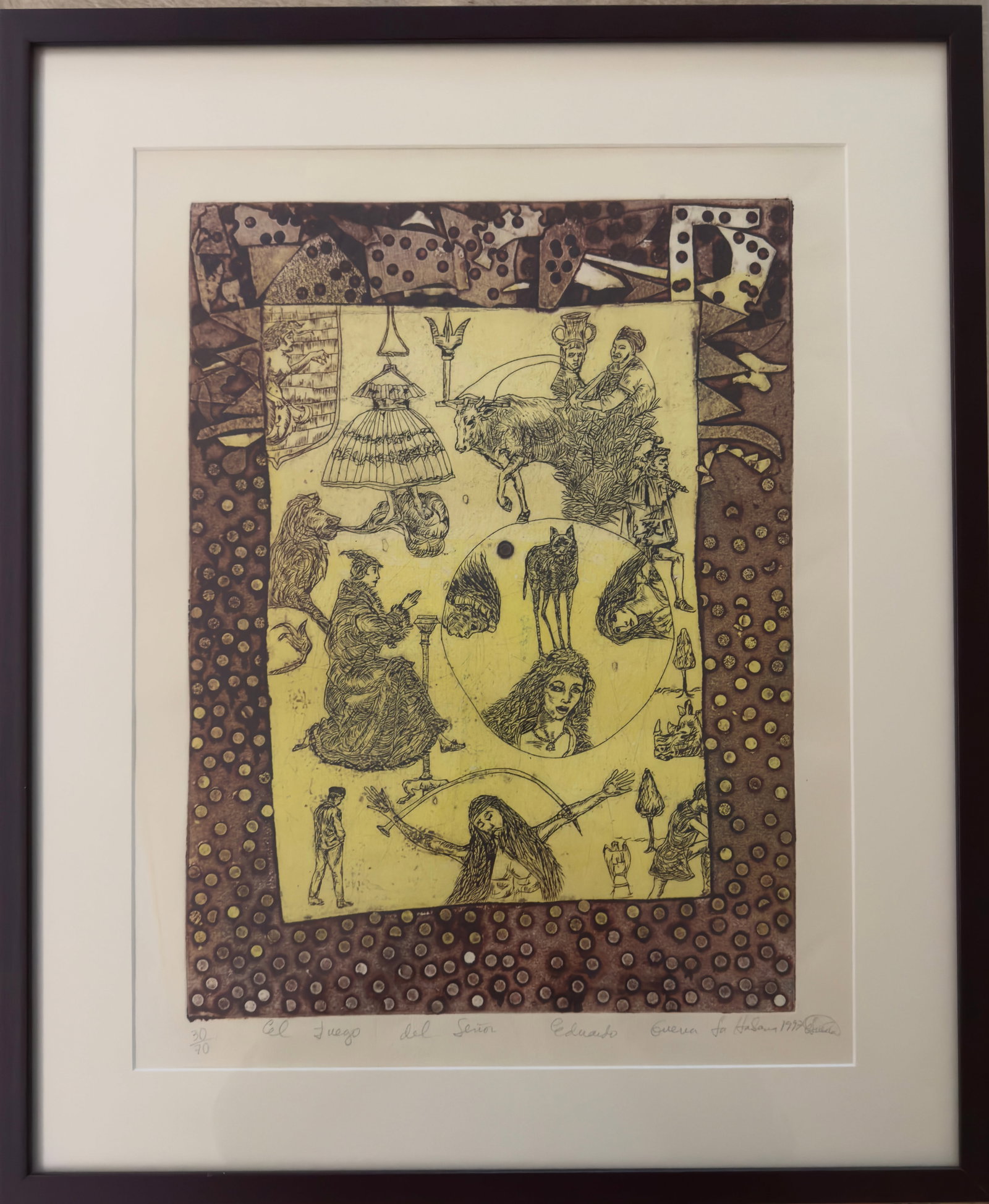 Eduardo Guerra, b. Cuba, "El juego del senor", 15 x 11 In, 1997: Collography on paper, 1997, (15x11 inches), framed (17.75 x 21.5 inches).This striking work titled “El Juego del Senor”, by Cuban artist Eduardo Guerra. It is a limited edition collography,