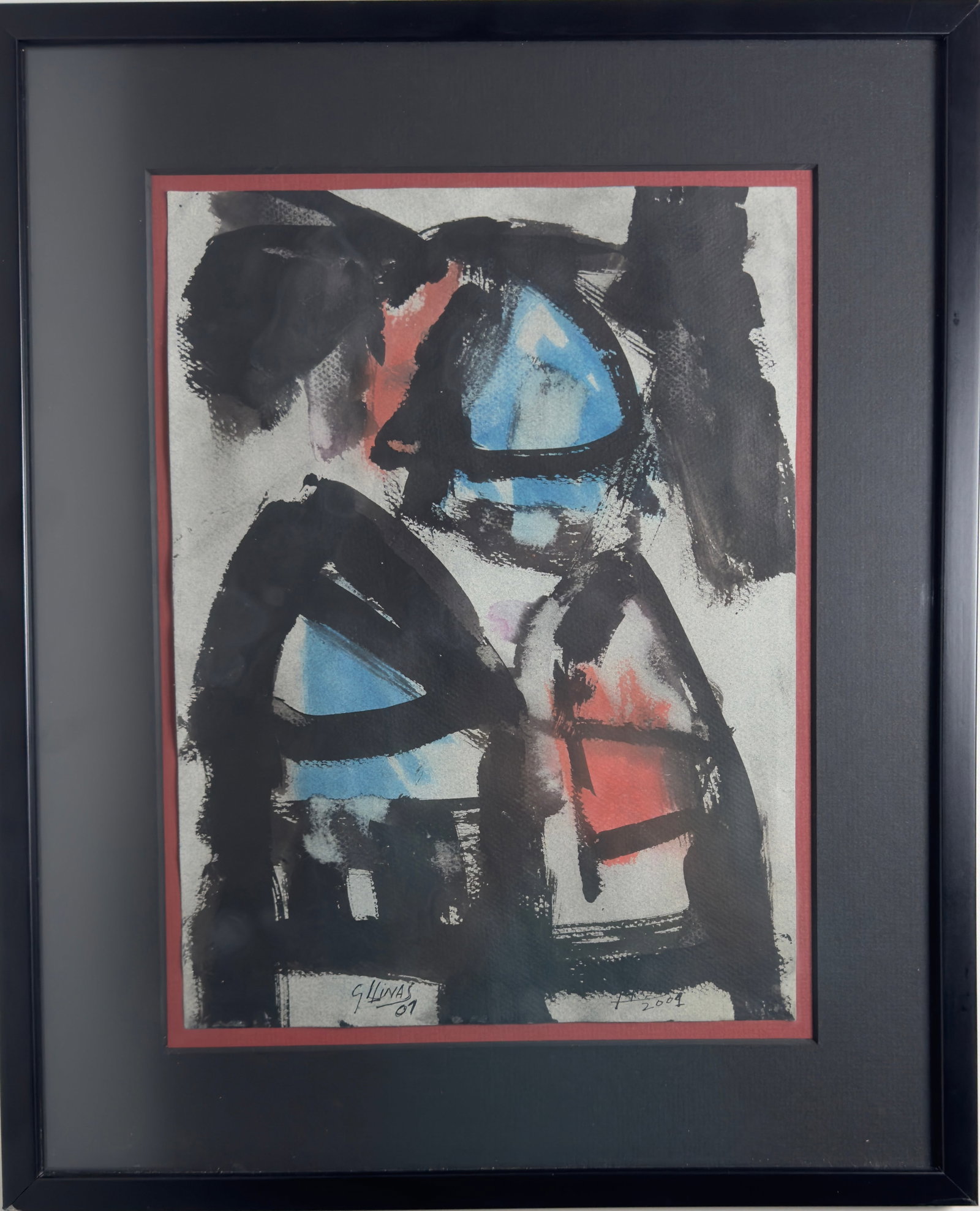 Guido Llinas, b. Cuba, "Untitled", 18 x 14 in, 2007: Mixed media on paper, 18 x 14.5 inches framed. This original work by Cuban artist Guido Llinas contrasts black and the luminous blue/red zones, generating a sense of conflict and harmony. The overall
