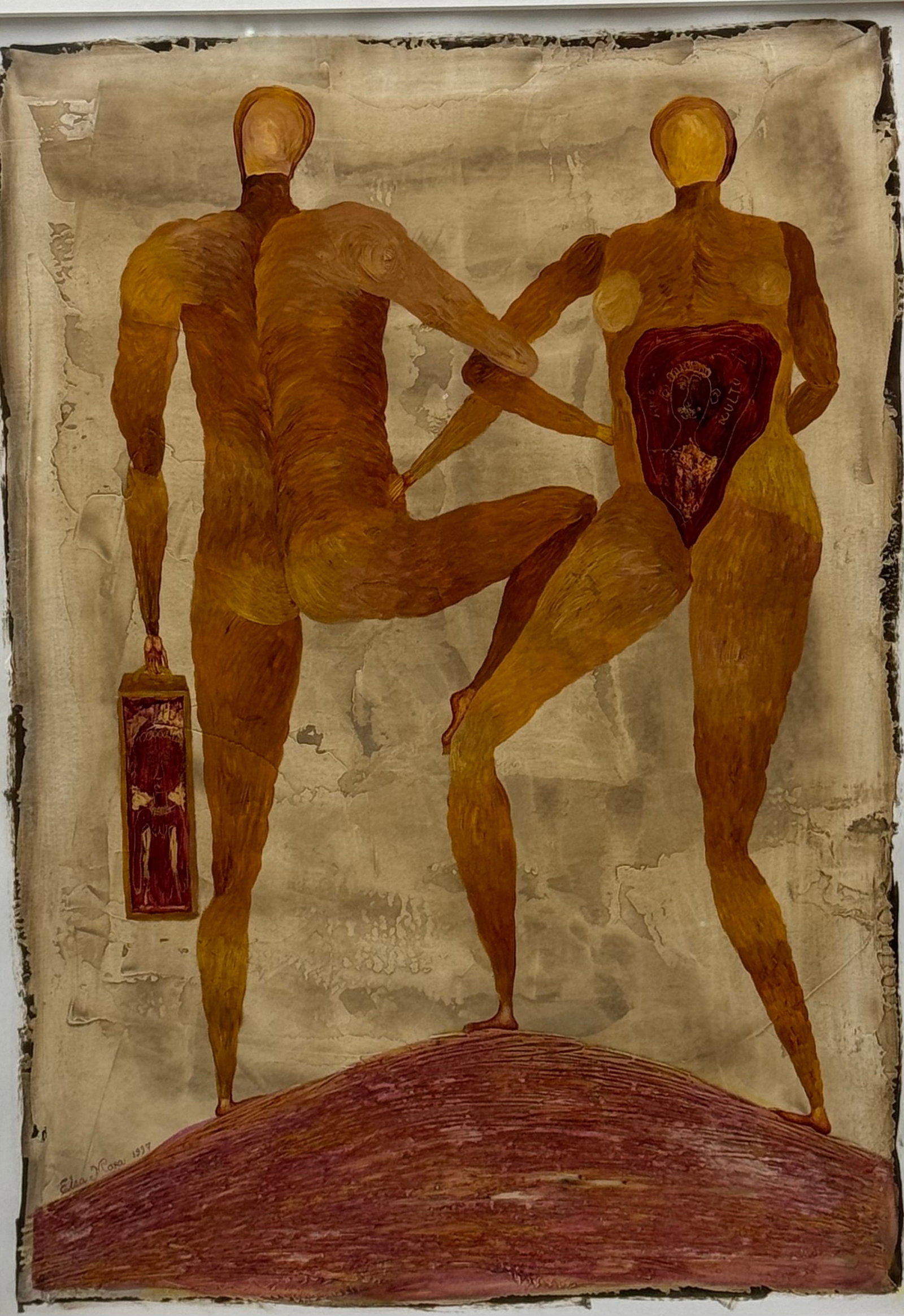 Elsa Mora, b. Cuba, "Viaje sin regreso", 1997: Mixed media on paper. 17.5 x 12.5 inches. This somber original work by Cuban artist Elsa Mora sits at the crossroads of myth, body, and existential meditation, encapsulating Elsa Mora’s practice of