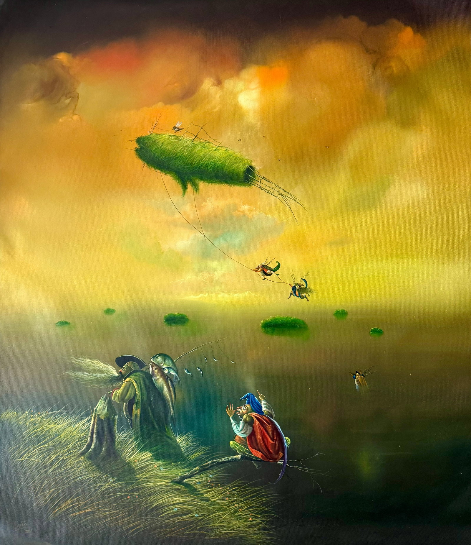 Yovanis Caise, b. Cuba, "El Misterio de la fuga", 2003: Oil on canvas, 42.5 x 37 inches. This original work by Cuban artist Yovanis Caise is a dynamic fusion of neo-figurative and abstract art, combining expressive brushwork with figurative elements—a