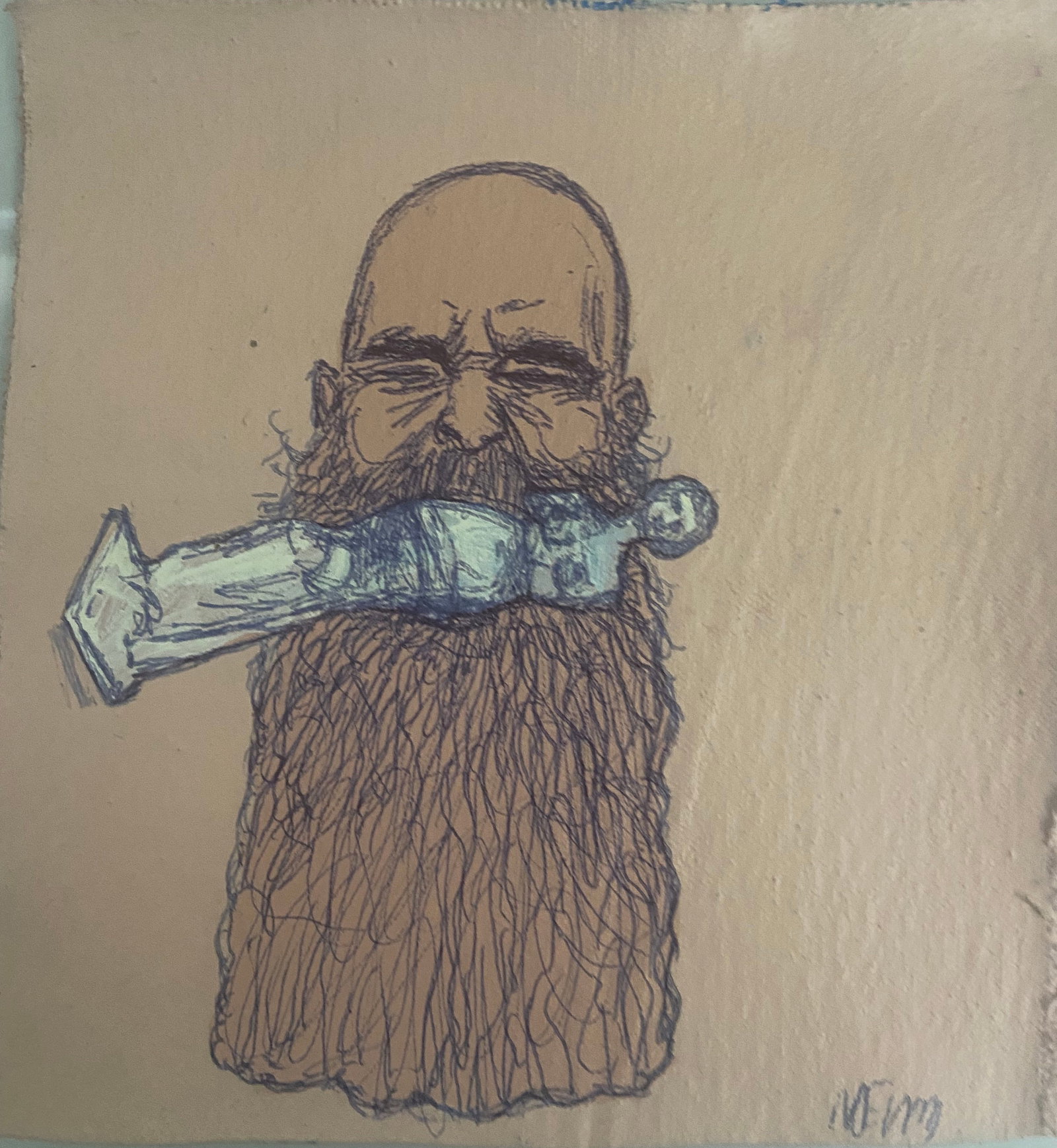 Noel Morera. b. Cuba, "Autoretrato Clasico", 2023: Acrylic on canvas. 7.5 x 7.25 inches, unframed. Cuban artist Noel Morera creates for us a bold, surreal original composition depicting a bearded figure pierced by a statue-like object in his mouth. A