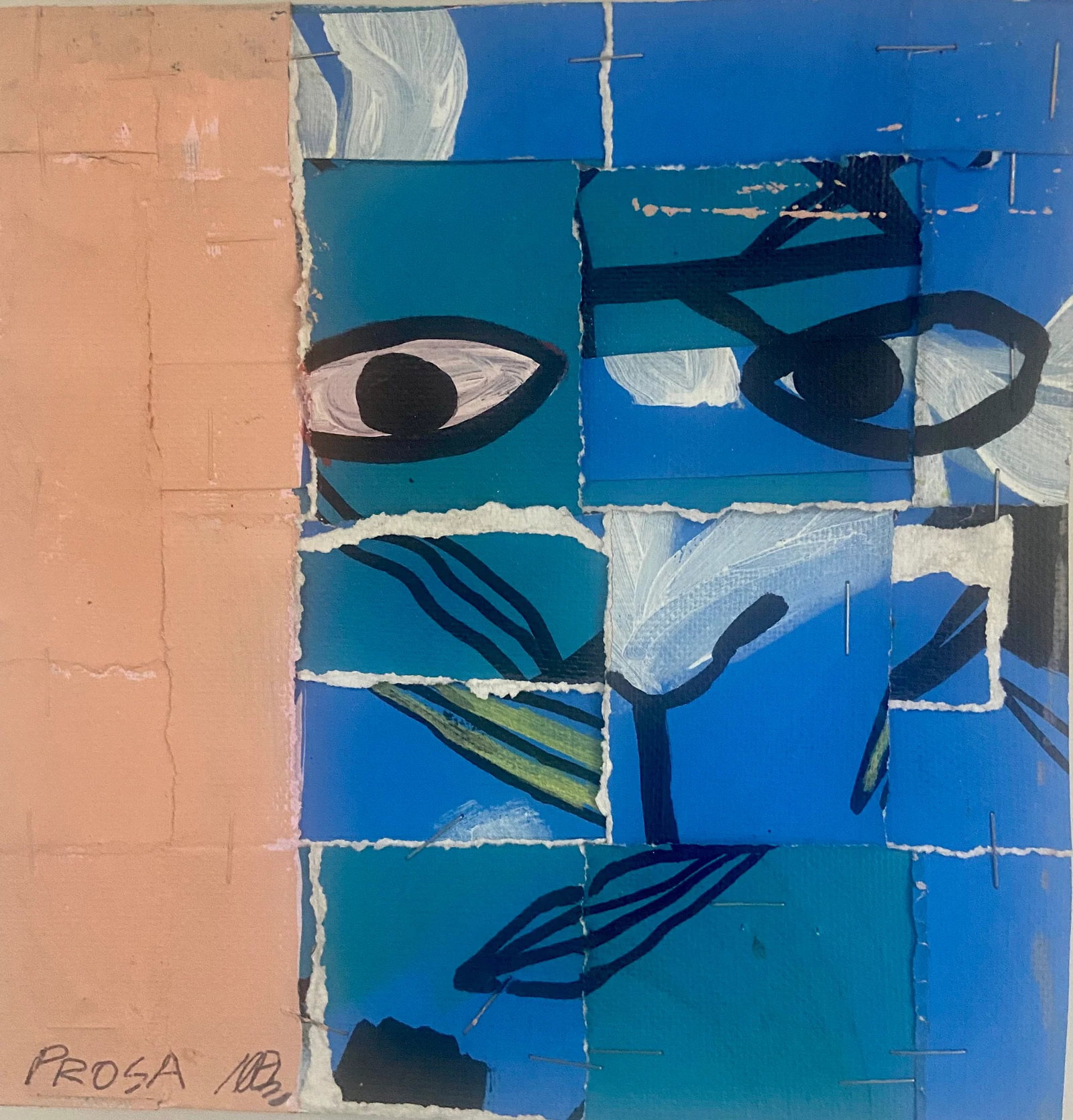 Noel Morera, b. Cuba, "Prosa", 2023: Acrylic on canvas collage.7.5 x 7.25 inches. Unframed. This is an original work by Noel Morera Cruz, born in Matanzas, Cuba in 1962. A mature Cuban contemporary voice whose work combines technical sop