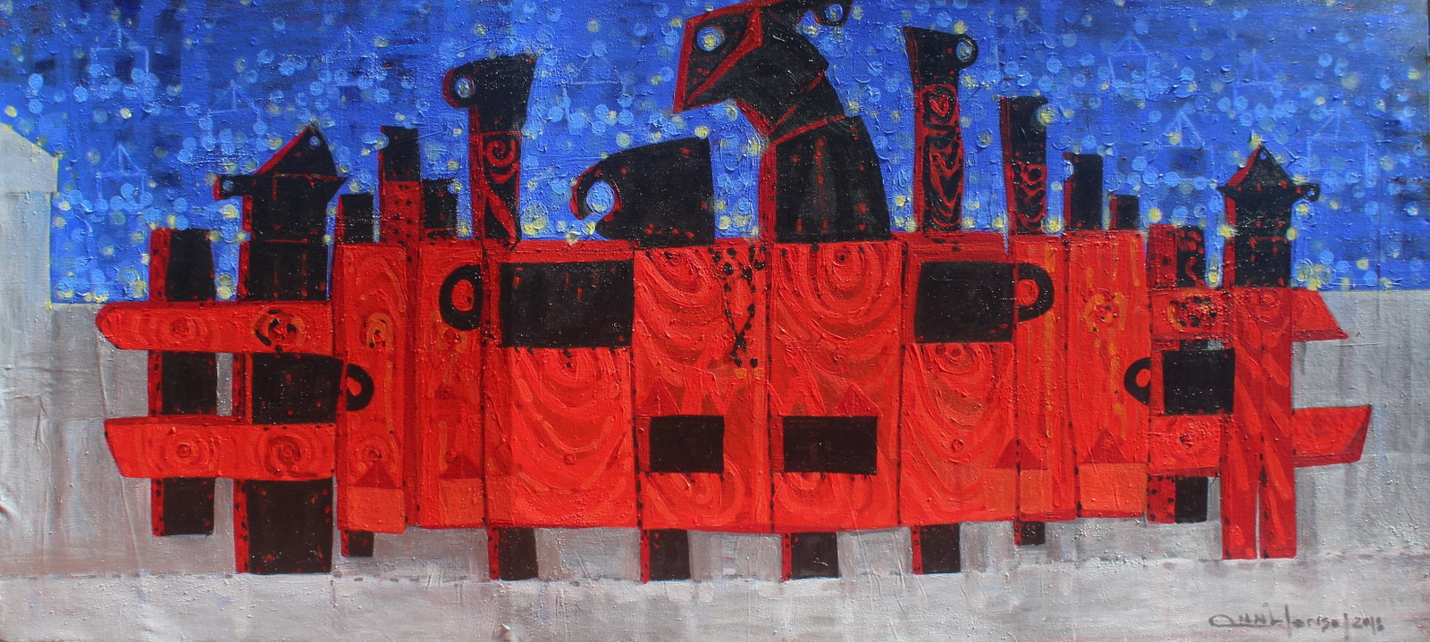 Annia Alonso, b. Cuba, "Untitled", 1999: Mixed media on canvas, 39 x 86 inches, stretched. This work is from a private collection. Annia Alonso Arana was born on September 10, 1965, in Cienfuegos, Cuba. Annia is a highly accomplished painter