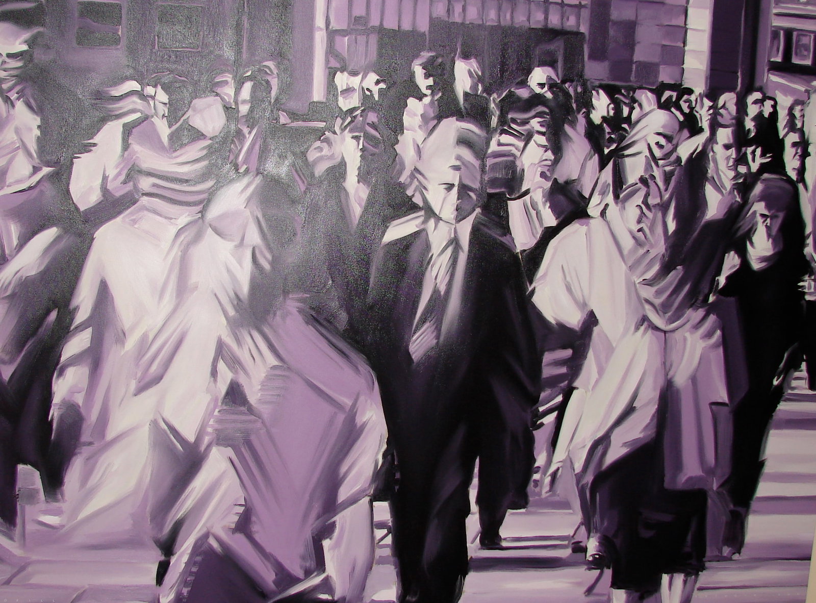 Ofill Echevarria, b. Cuba, "Estudio para el projecto Ritual", 2004: Oil on canvas, 60 x 75 inches. This original work by Cuban American painter Offil Echevarria, "Studio para el projecto Ritual", depicts a crowded urban street scene, with figures in motion in monochro