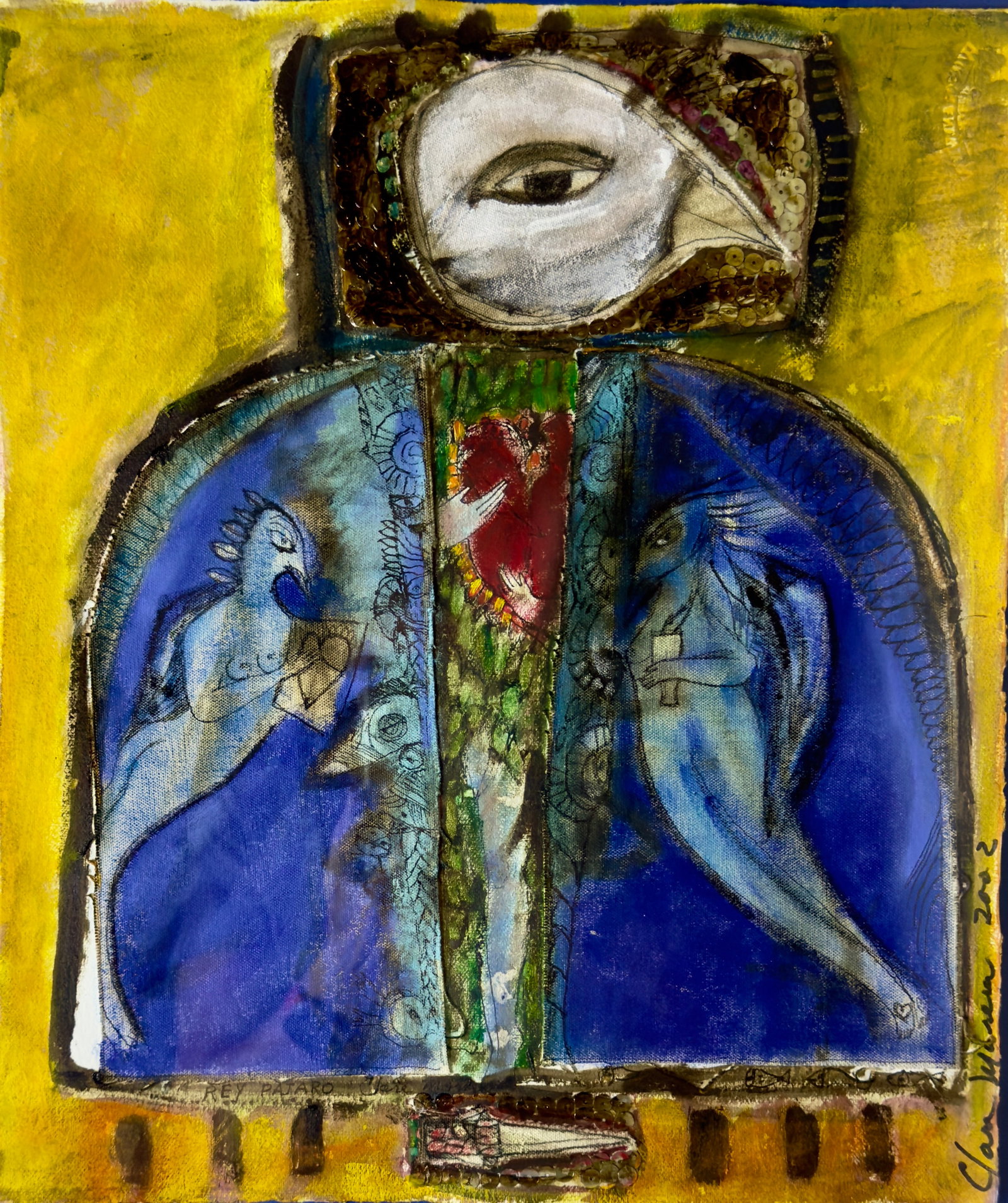 Clara Morera, b. Cuba, "El Rey pajaro de La Habana vieja", 2002: Mixed media on amate paper. 22.5 x 20 inches, framed. In El Rey Pajaro (The Bird King), Clara Morera creates a powerful symbolic icon that merges myth, spirituality, and memory. The arched blue space 