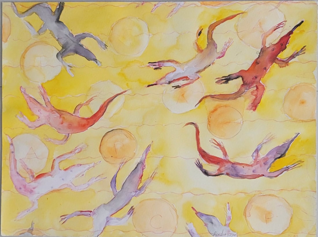 Renelio Marin, b. Cuba, "Emigraciones", 2000: Watercolor on paper, 15 x 20 inches. This work is from a private collection. Renelio Marin (born 1964 in Havana, Cuba) is a Cuban-born visual artist based in New York City. He earned his graduate degr