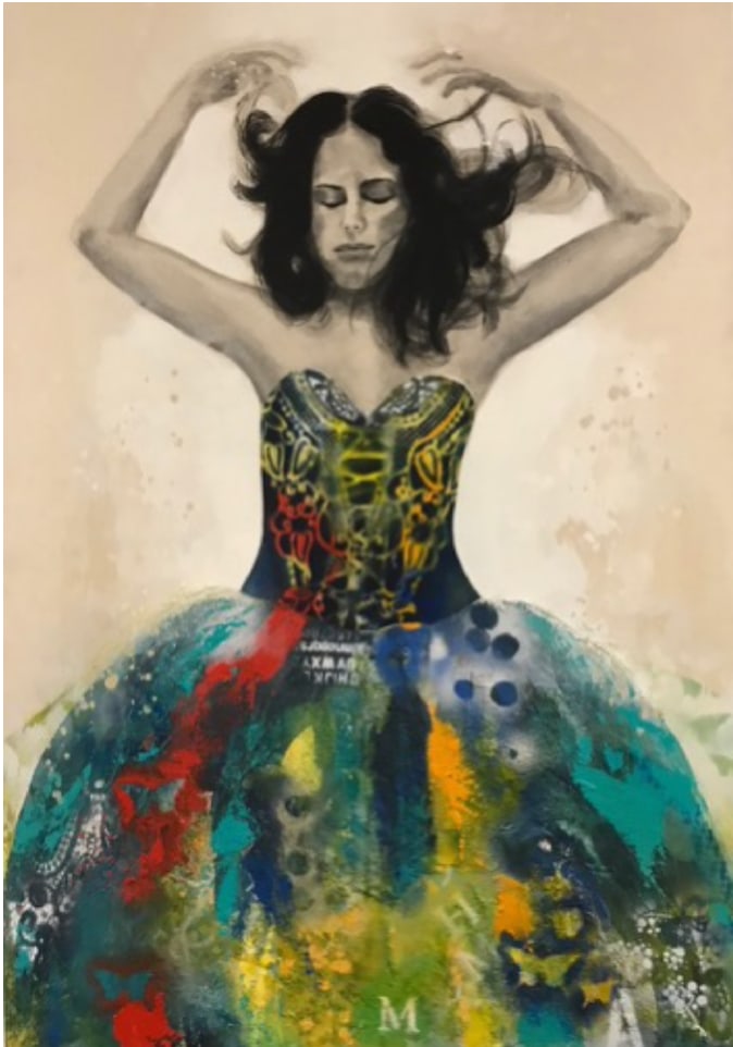 Alejandra Phelts, b. Mexico, "Mariposa Multicolor", 2012: Mixed media on canvas, 55 x 32 inches framed. This work comes from a private collection. Alejandra Phelts is a visual artist whose multidisciplinary work centers around border life, female