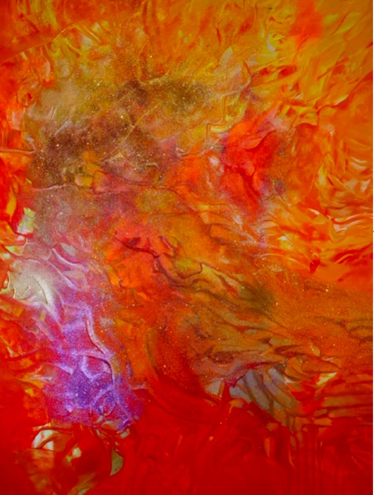 Eddie Mosler, b. Ecuador, "Healing", 2019: Mixed media on canvas, 55 x 47 inches stretched. This work by Ecuadorian visionary contemporary artist Eddie Mosler is an abstract work that channels energy, passion, and transformation through color