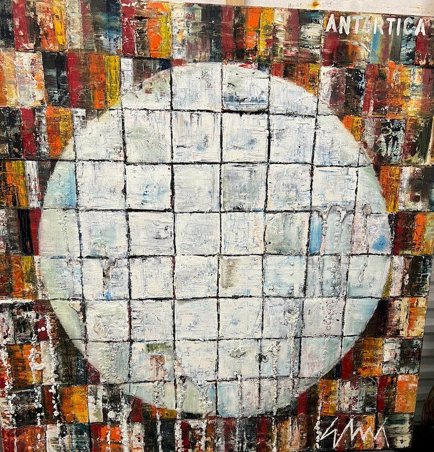 Gabriela Elias, b. Mexico, "Antartica", 2010: Oil on canvas, 40 x 40 inches, stretched. This Gabriela Elias work explores the dialogue between wholeness and fragmentation, order and chaos, universal and human-made systems. The circle suggests