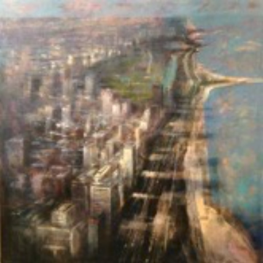 Cristina Bergoglio, b. Argentina, "Miami Beach", 2014: Mixed media on canvas, 80 x 80 inches, stretched. Cristina Bergoglio was born in 1967 in Córdoba, Argentina. She trained in painting at the Taller de Pintura de María Finochietti (1983–1986) and