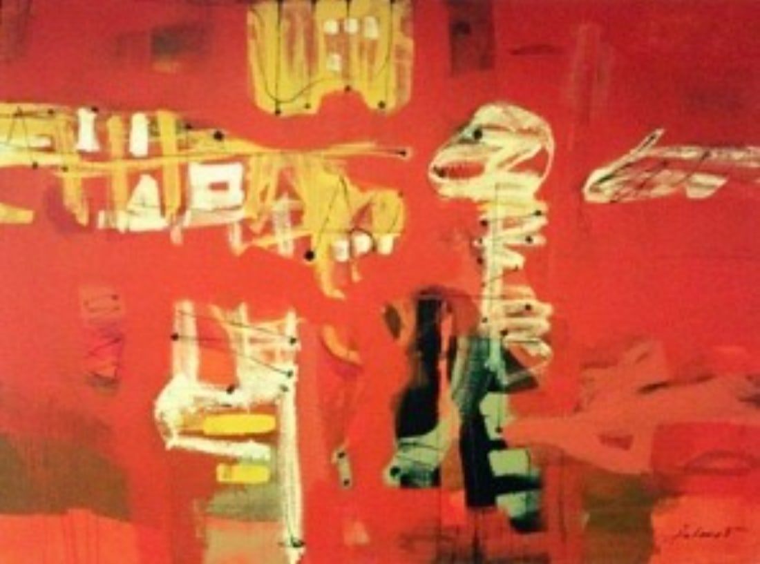 Pablo Palasso, b. Dominican Republic, "Untitled", 2014: Mixed media on canvas, 55 x 80 Inches. Pablo Palasso, born in 1954 in Santo Domingo, Dominican Republic, is a self-taught, award-winning Dominican painter known for his dynamic, abstract compositions