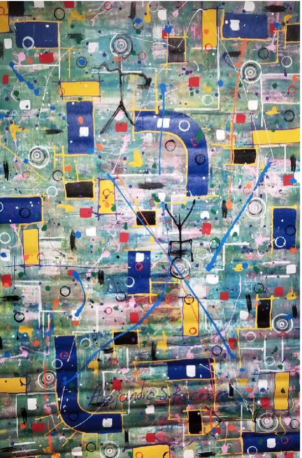 Alejandro Becerra. b. Mexico. Celestial Gathering Series/Constellation Delay, 2022: Mixed media on newspaper,108 x 60 inches rolled. Alejandro Becerra was born in Michoacán, Mexico. In 1979, Becerra’s parents emigrated to Los Angeles, California, where he grew up. He identifies