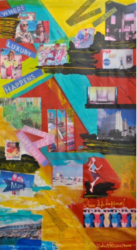 Isabel Pinheiro, b. Portugal, "Miami Style", 2014: Mixed media on canvas Collage, 63 x 36 in. rolled Isabel Pinheiro is a Portuguese visual artist whose work combines painting with mixed-media techniques. She began her artistic activity around 2006