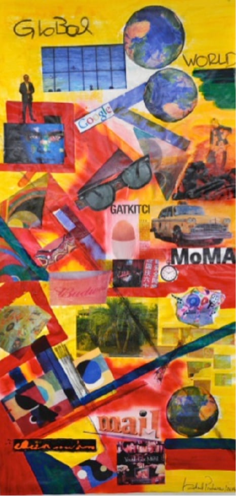 Isabel Pinheiro, b. Portugal, "Global World", 2014: Mixed media on canvas Collage, 63 x 36 in. rolled. Isabel Pinheiro is a Portuguese visual artist whose work combines painting with mixed-media techniques. She began her artistic activity around 2006