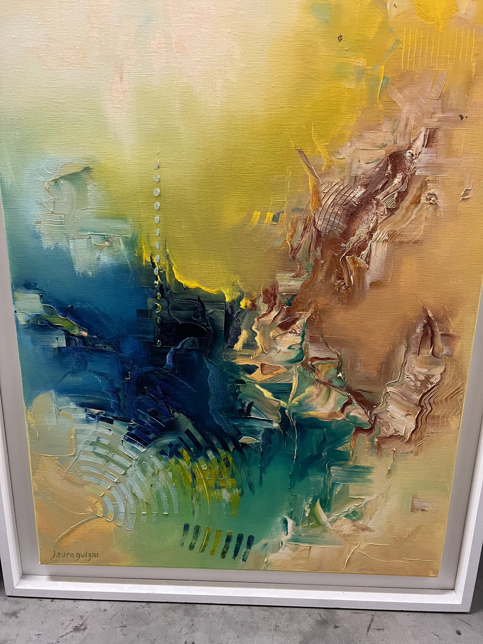 Bernardo Jaureguizar, b. Uruguay, "Untitled", 2012: Mixed media on canvas, 32 x 24 in framed. Bernardo R. Jaureguizar is a self-taught visual artist born in 1966 and based in Punta del Este, Uruguay. He developed his practice through the Grupo Taller