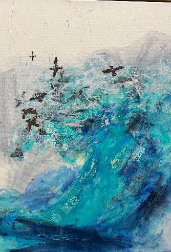 Hong Liu-Setti, b. China-Finland, "Transformation I", 2013: Rice paper & acrylic on linen, 28 x 20 in. stretched. Born in China and based in Finland, Hong Liu-Setti's work explores the relationship between humanity and nature while drawing inspiration from