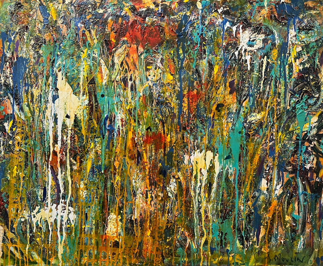 Philippe Moulin, b. France "Glaieuls et tulipes", 2019: Mixed media on canvas, 38 x 40 in. stretched. Phillippe Moulin,a self-taught artist, he developed a distinctive style often described as figurative abstraction, combining energetic color fields,