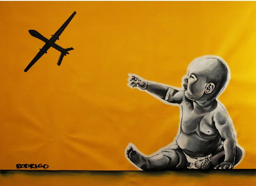 Rodrigo Figueredo, b. Venezuela/Italy, "Drone Baby", 2015: Acrylic on canvas, 30 x 40 in. stretched Rodrigo Figueredo is an Italo-Venezuelan contemporary artist known for politically engaged work focused on human rights, democracy, migration, social justice, 