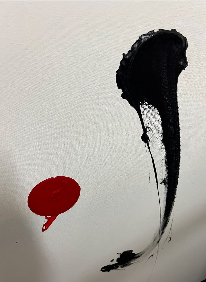 Shingo Oe, b. Japan "The Wind, 2014 Heads" 2014: Acrylic and spry on canvas, 32 x 40 in. stretched. Japanese-born artist Shingo Oe (b. 1978) is a painter, installation artist, and performance artist who lives and works in Spain. His practice combine
