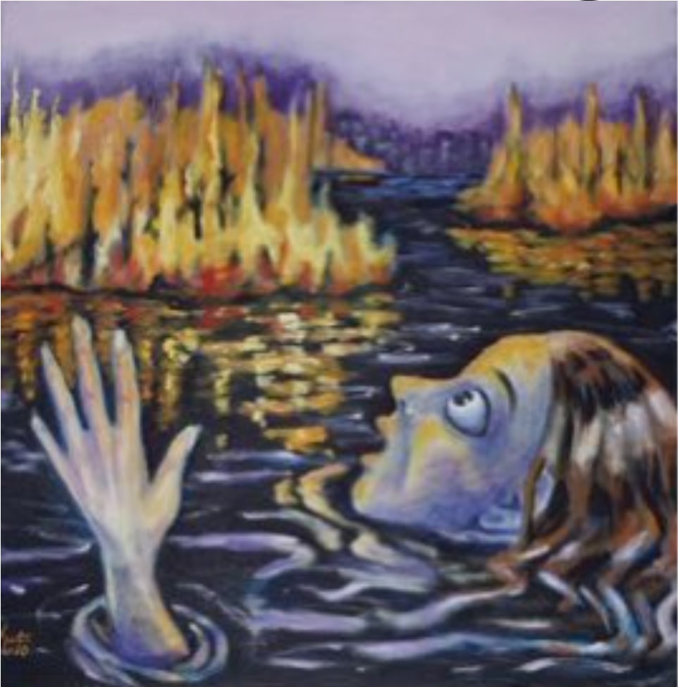 Kicki Granholm, b. Sweden, "Reborn" 2010: Oil on canvas, 20 x 20 in. stretched. Kicki Granholm (born Kristina Granholm in 1954) is a Swedish multidisciplinary artist and sculptor based in Främmestad, Sweden. Known for her figurative works,