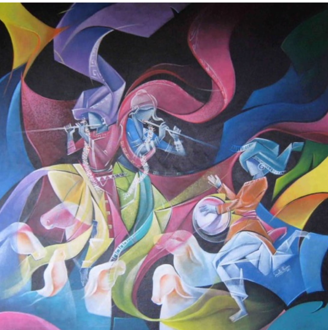 Swati Pasari, b. India, "Celebrating Existence" 2012: Acrylic on canvas, 40 x 40 in. stretched. Swati Pasari is a talented artist who has a distinct style of painting. Her works speak mainly about immortality, timelessness, inner stillness, peace and