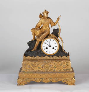 Mid-19th Century Gilt-bronze and enamel table clock in Empire style, Napoleon period, with: 31x10.5x40cm