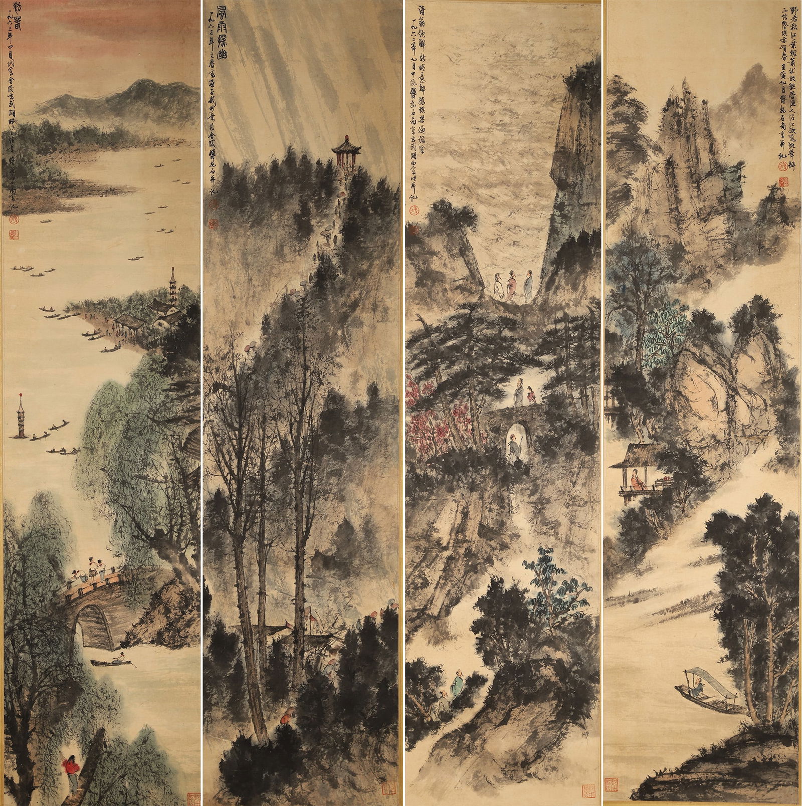 Four - panel Screen of Landscape and Figure Paintings by Fu Baoshi: Paper scroll,134x34cm