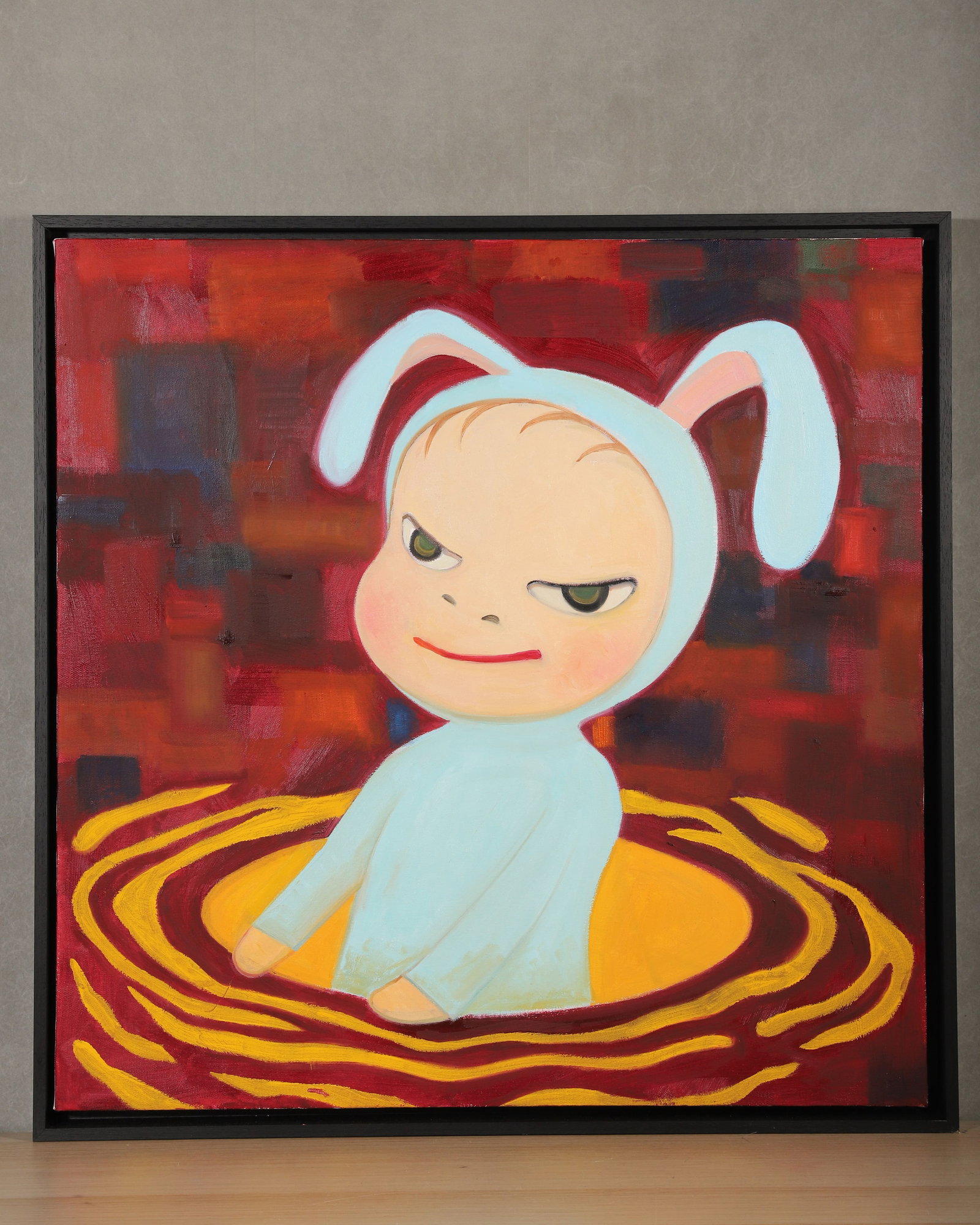 YOSHITOMO NARA (Japan, 1959).Oil Painting, YOSHITOMO NARA (Japan, 1959).: L:74cm W:74cm,Yoshitomo has become a cult artist, and his works are claimed by the most prestigious galleries. At an auction at Christie's his painting "Be Happy" fetched $36,000. The secret of his po