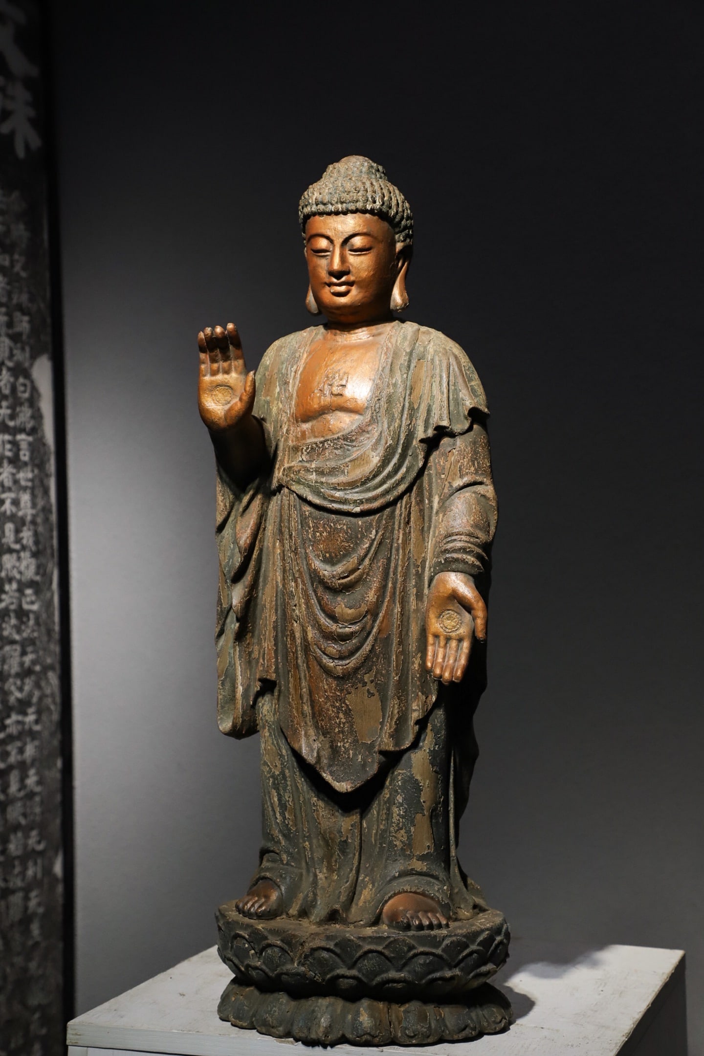 Ming Dynasty Carved Wood Painted Standing Statue of Sakyamuni (1 of 9)