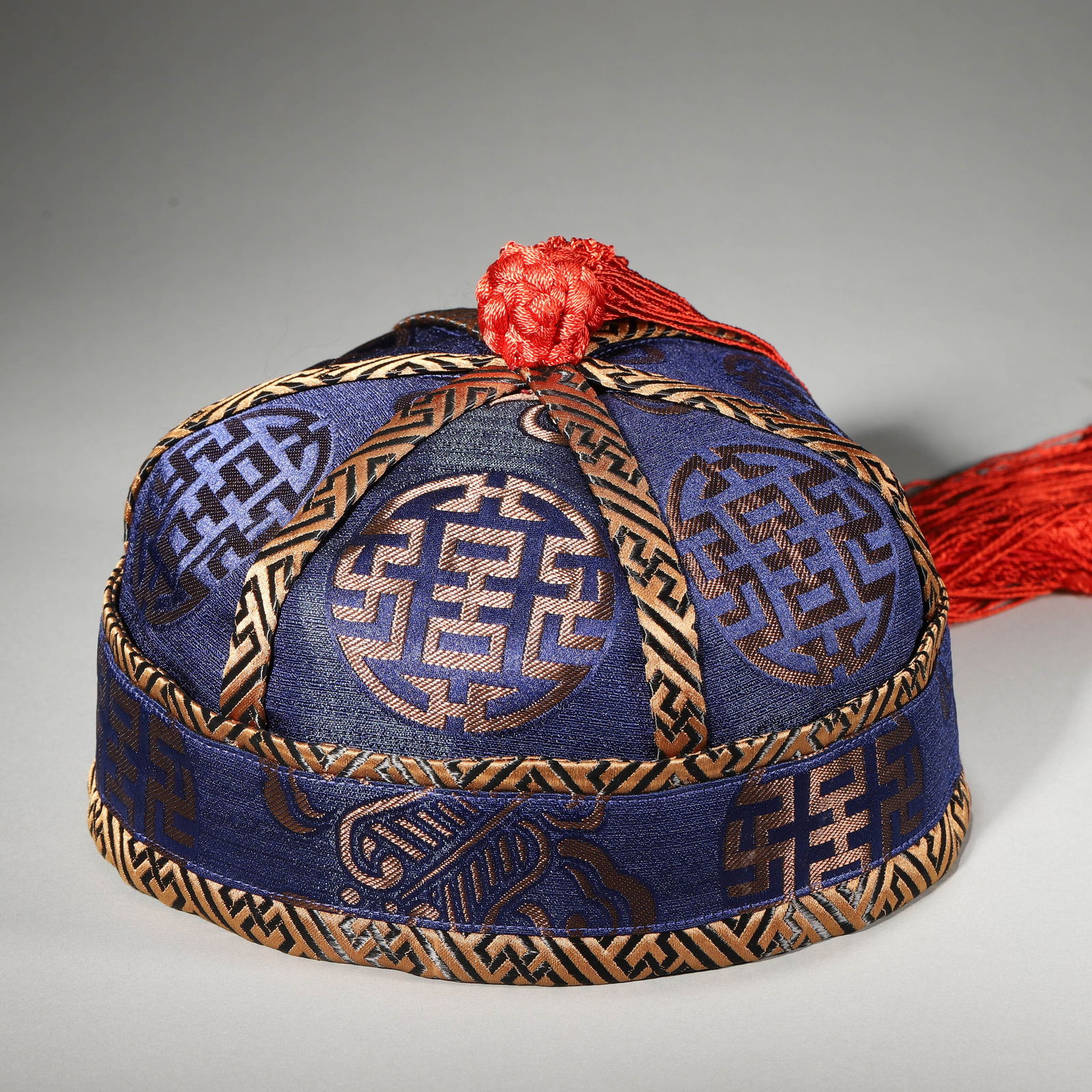 Qing Dynasty Dark Blue Brocade Formal Cap with Fortune & Longevity Patterns (1 of 8)