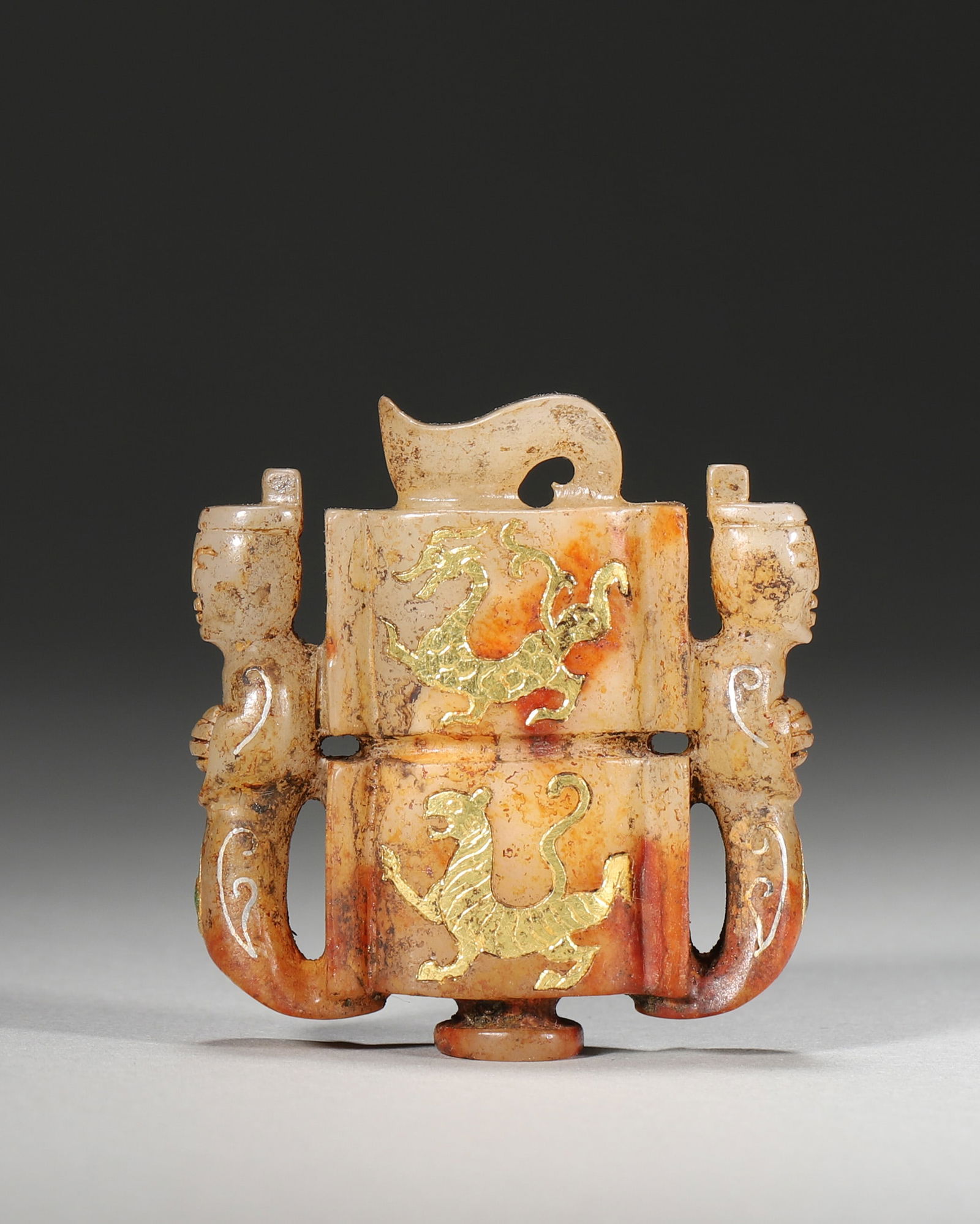 Han Dynasty Jade Gold-Inlaid Four-Symbols-Pattern Sinan Pendant: Width 4.5cm (1.77in), Weight 40.0g (0.09lb)Jade made of naturally patinated ancient jade; Cuo-Jin Four Spirits (Azure Dragon, White Tiger, Vermilion Bird, Black Tortoise); human-shaped handles on both