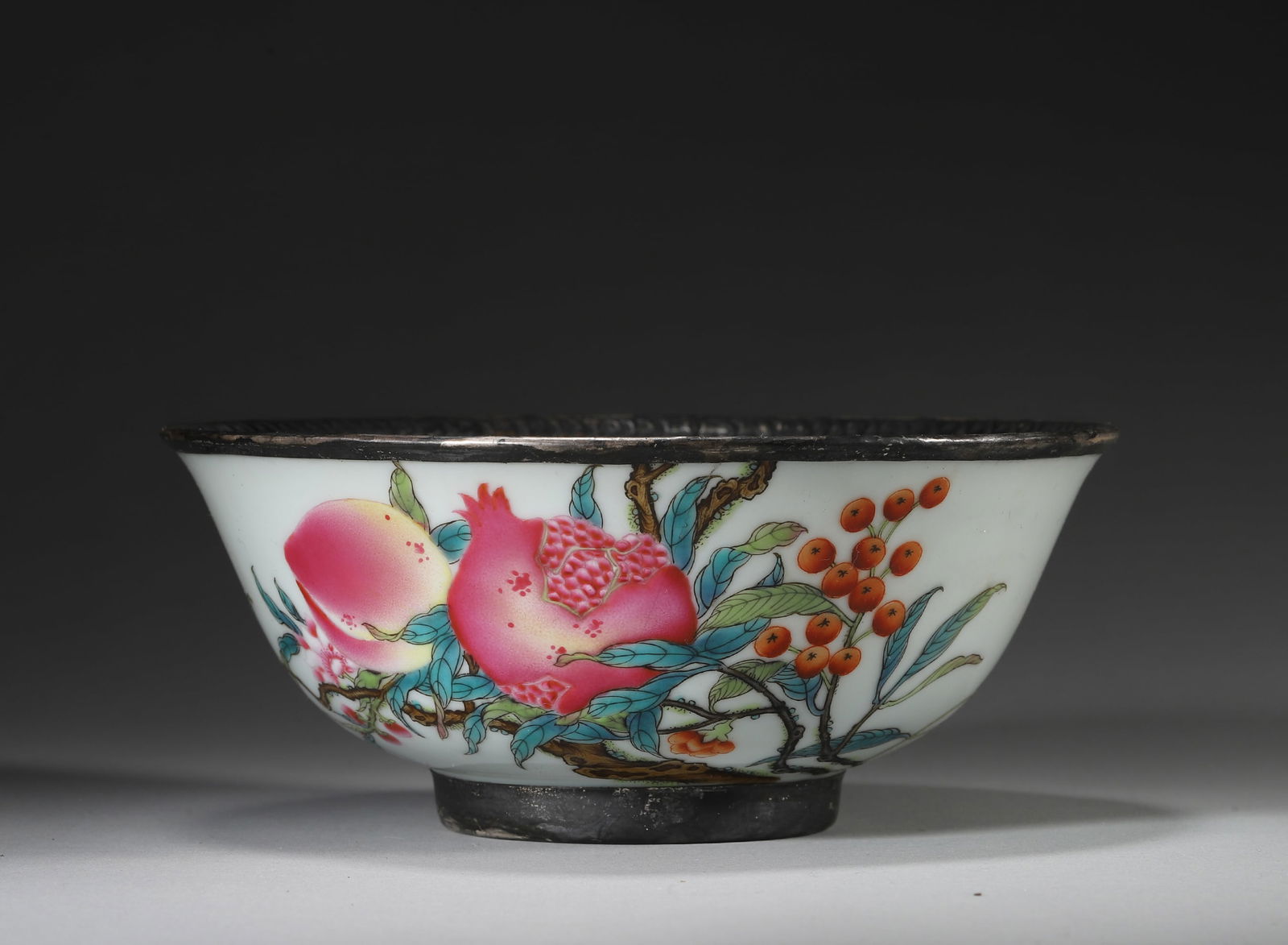 Qing Yongzheng Period Enameled Bowl with "Three Abundances" Motif and Silver Mount (1 of 8)
