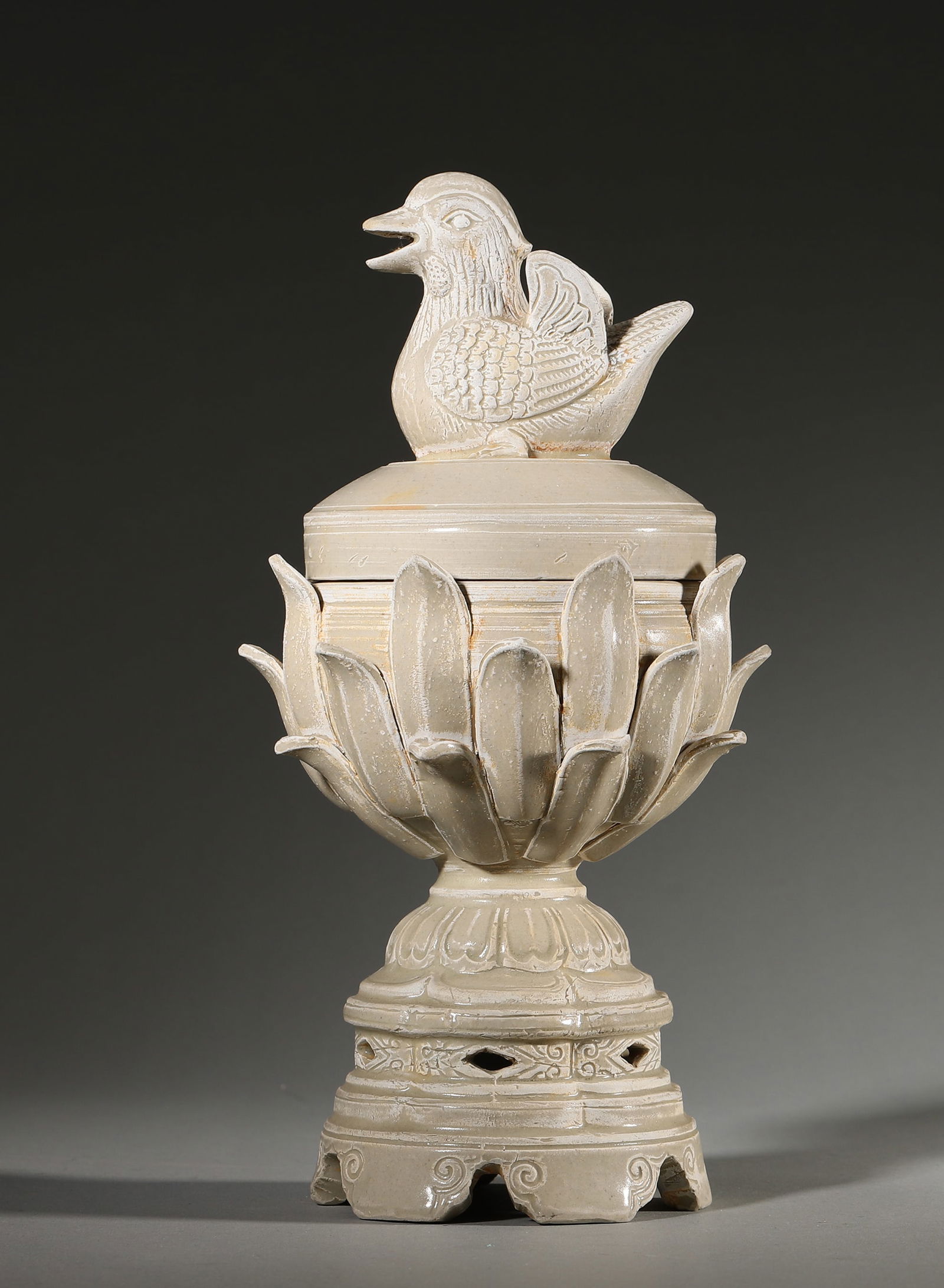 Tang Dynasty White-Glazed Lotus-Form Censer with Rooster Knob (1 of 6)