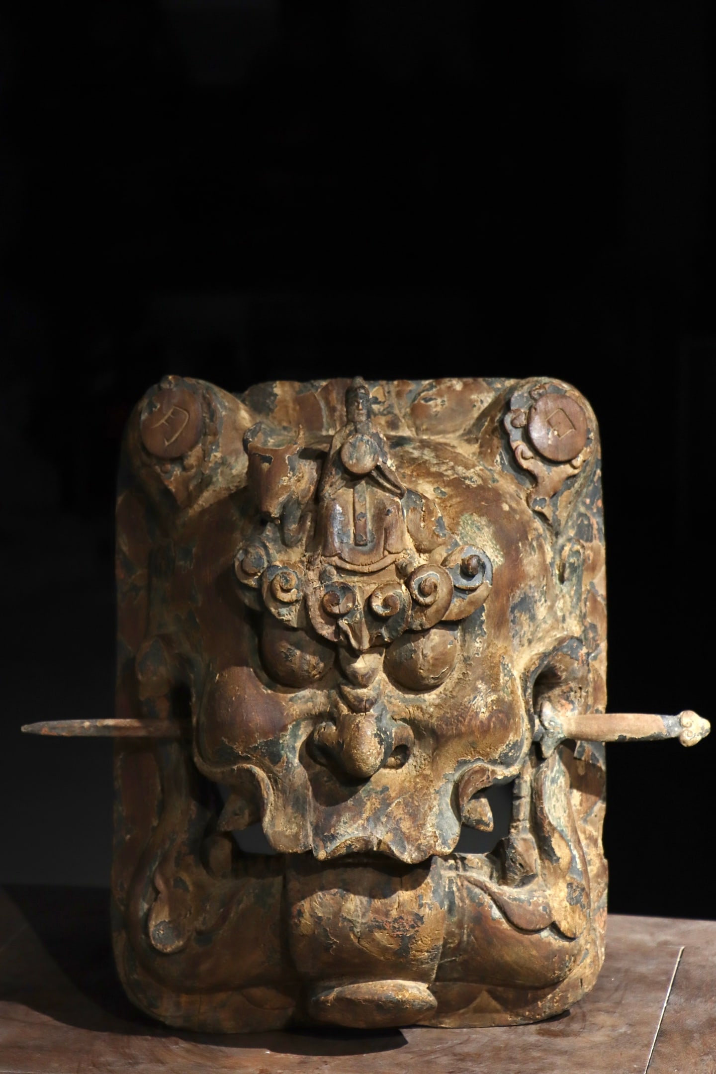 Ming Dynasty: Nanmu Wood "Tun Kou" (Demon-Mouth Ornament): Height: 42cm (Height: 16.54"); Length: 33cm (Length: 12.99"); Width: 17cm (Width: 6.69")This Ming folk architectural wood carved door knocker (hardwood, whole-carved): fierce beast (glared eyes, swirl