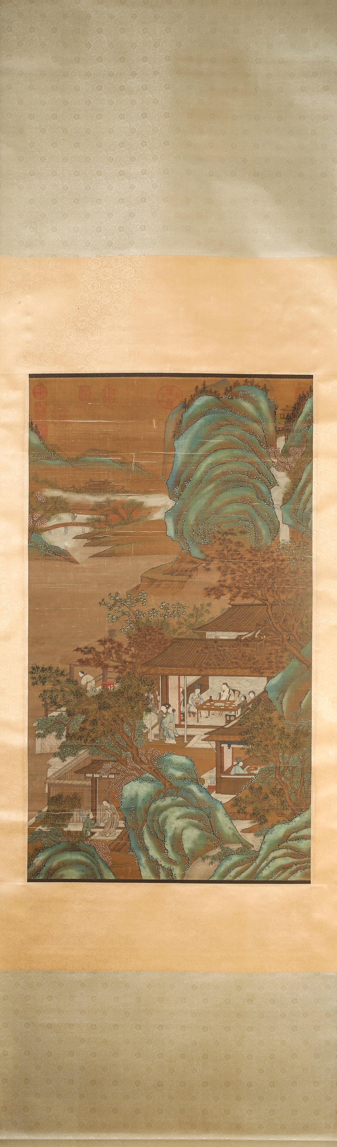 Southern Song Dynasty: Liu Songnian, Color-on-Silk Hanging Scroll: Elegant Gathering: Silk Mount, Painting Core 94x53cm ( 37.01x20.87in )This lot is "Literati Gathering Scroll" by Liu Songnian of the Southern Song Dynasty, a vertical scroll rendered in ink and color on silk. It depicts