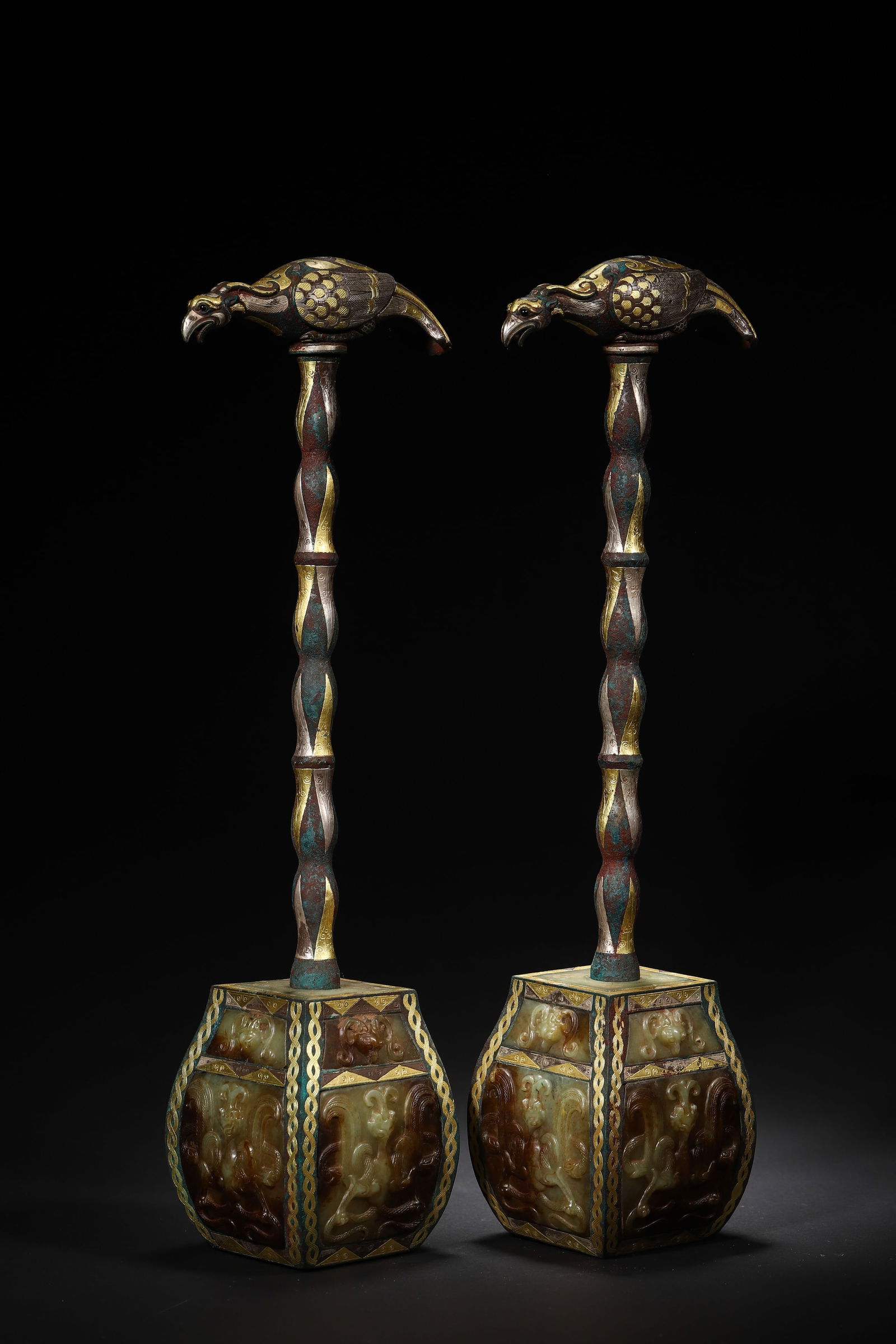 Han Dynasty Pair of Bronze Gold-and-Silver-Inlaid Jade Phoenix-Head Staffs (1 of 8)
