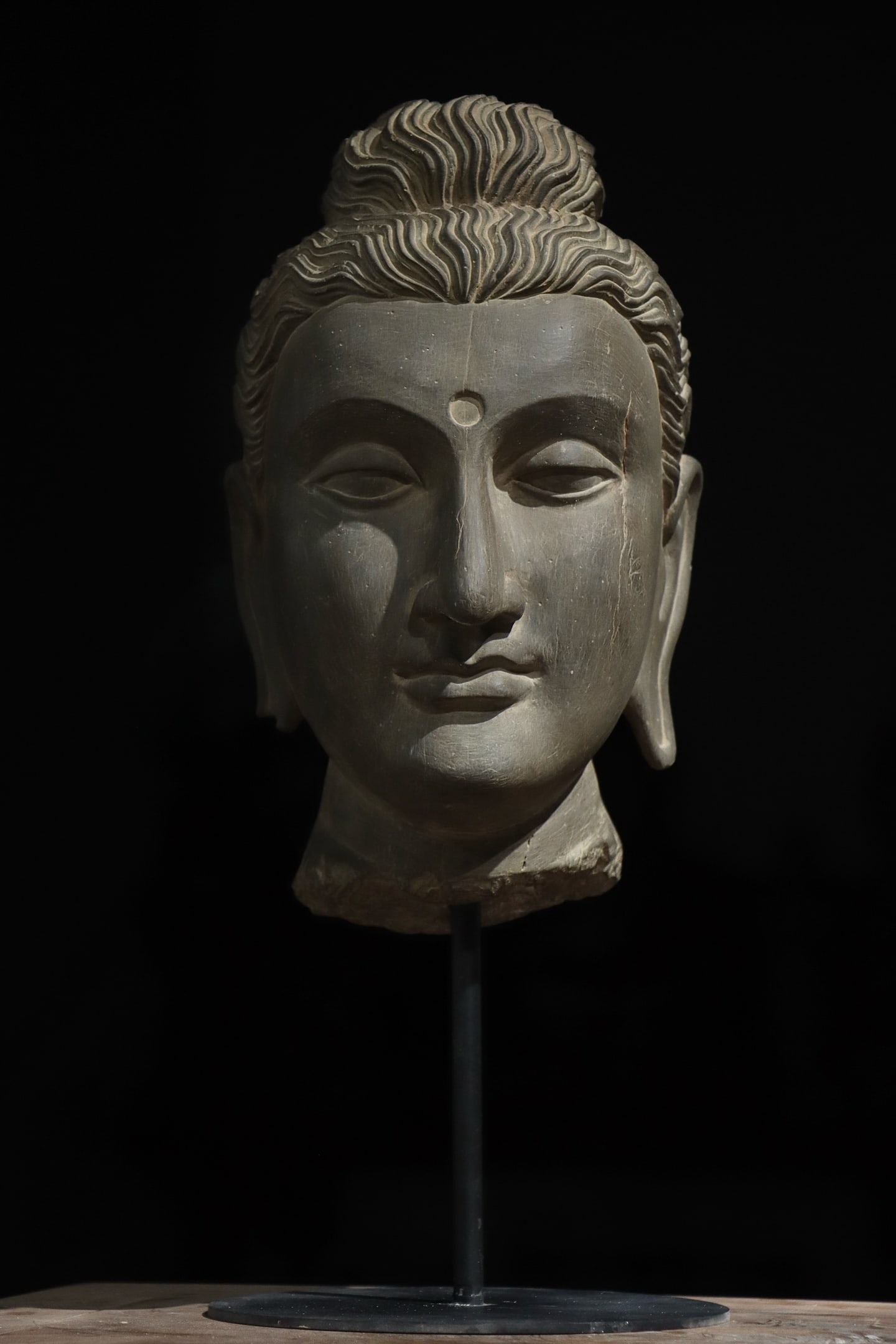 2nd-4th Century: Gandhara Art Sculpture: Material: Schist; Height: 46cm (Height: 18.11"); Height: 31cm (Height: 12.20")This Gandhara (2nd–4th CE) schist Buddha head (Gandhara masterpiece): Greek-style wavy curly hair, calm face, urna (cran