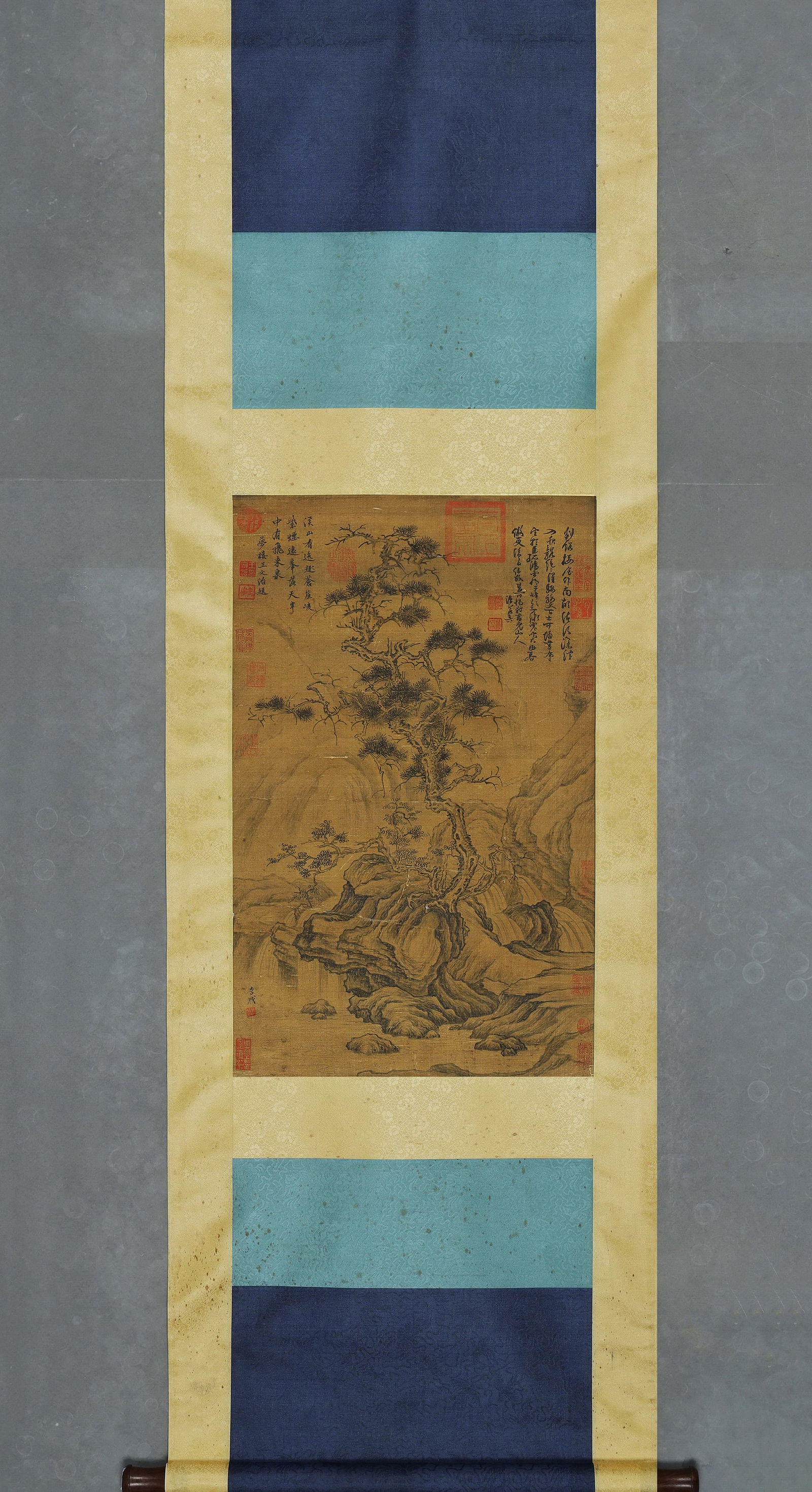 Northern Song Dynasty, Li Cheng, Silk Scroll: Pine Trees in a Riverside Mountain Landscape (Hanging: Painting Size 65x41cm (26x16in)This painting of pine & stream features dynamic, elegant brushwork, embodying the empty tranquility of "Qilu landscape." It is a representative work of Northern Song