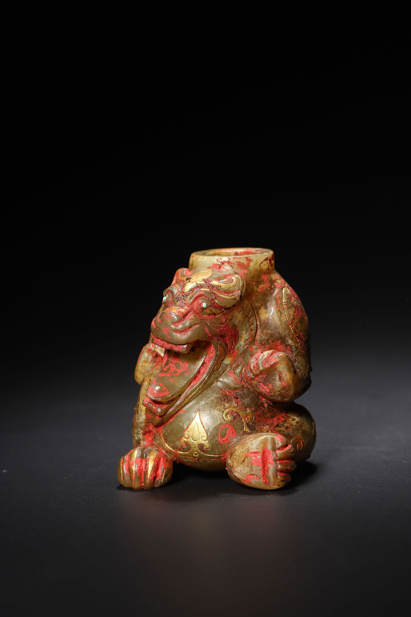 Han Dynasty Gold-Inlaid Gemstone & Jade Mythical Beast Stand (1 of 5)