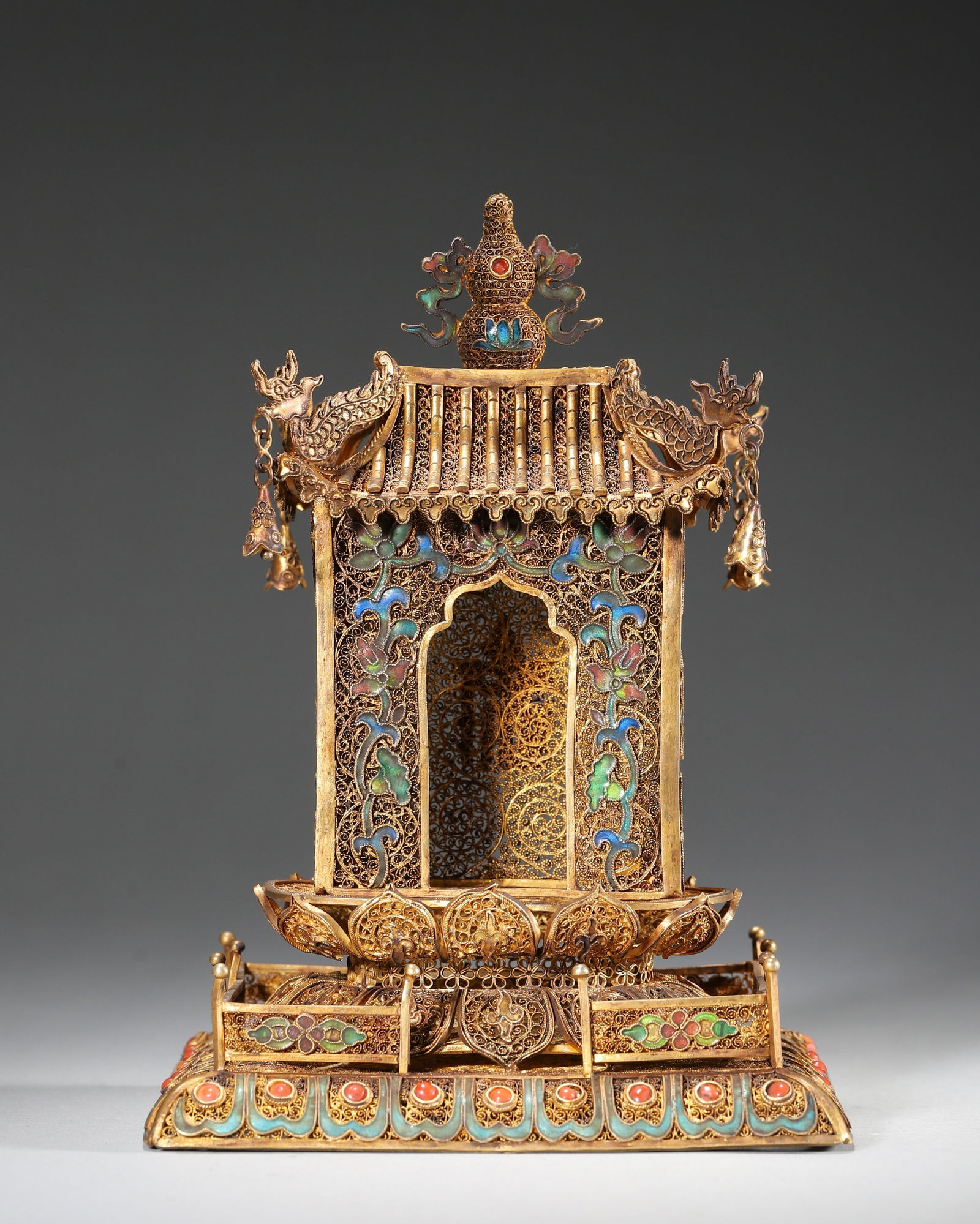 Qing Dynasty, Qianlong Period, Silver-Gilt Pavilion-Style Buddha Shrine with Filigree and Cloisonné (1 of 9)